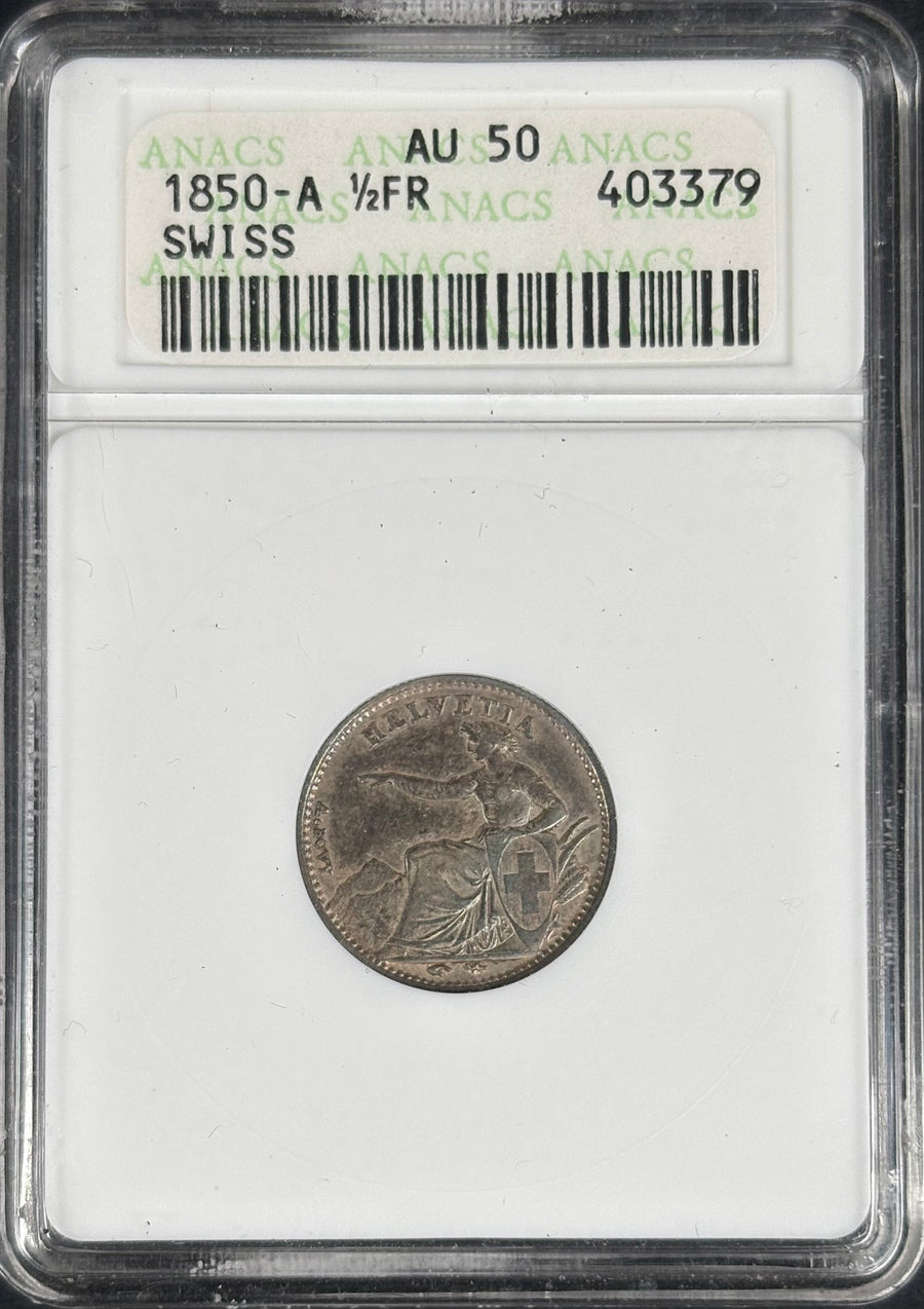 1850-A Switzerland 1/2 franc, ANACS AU-50