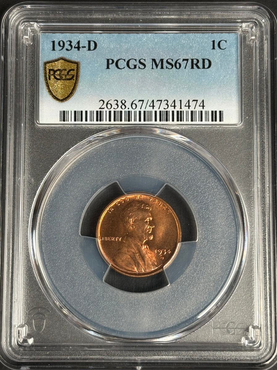 1934-D Lincoln wheat cent, PCGS MS-67 RD, full red