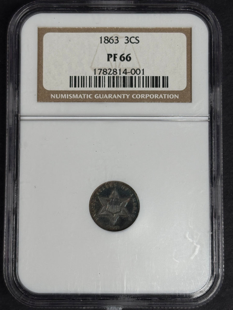 1863 Three Cent Silver, NGC PF-66, rainbow toning