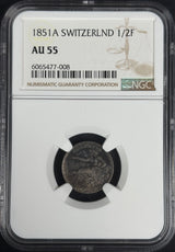 1851 Switzerland Silver 1/2 Franc NGC AU55 · NUM-0007