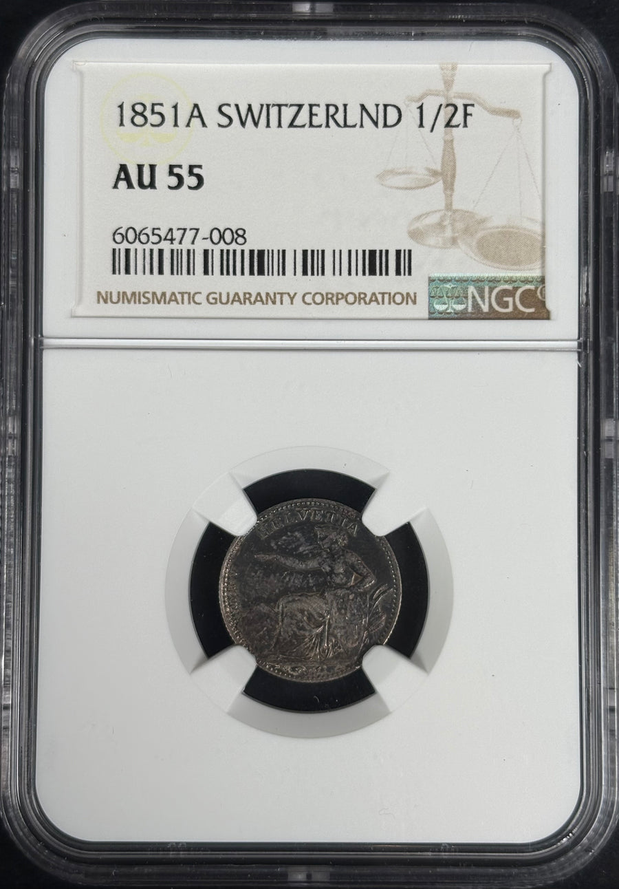 1851 Switzerland Silver 1/2 Franc NGC AU55 · NUM-0007