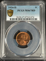 1934-D Lincoln wheat cent, PCGS MS-67 RD, full red