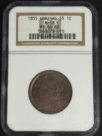 1855 Braided Hair Cent Upright 55 Newcomb 12 RB (Toned) NGC MS66 · NUM-1209