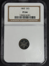 1863 Three Cent Silver, NGC PF-66, rainbow toning