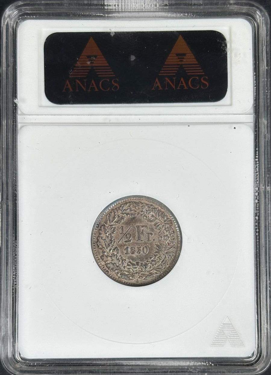 1850-A Switzerland 1/2 franc, ANACS AU-50 — reverse
