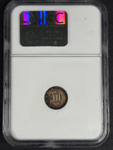 1863 Three Cent Silver, NGC PF-66, rainbow toning — reverse