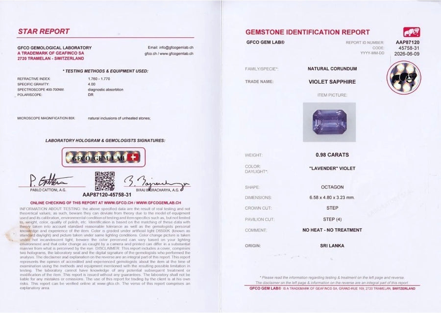 0.98ct Unheated Violet Sapphire from Sri Lanka, Emerald Cut, GFCO cert