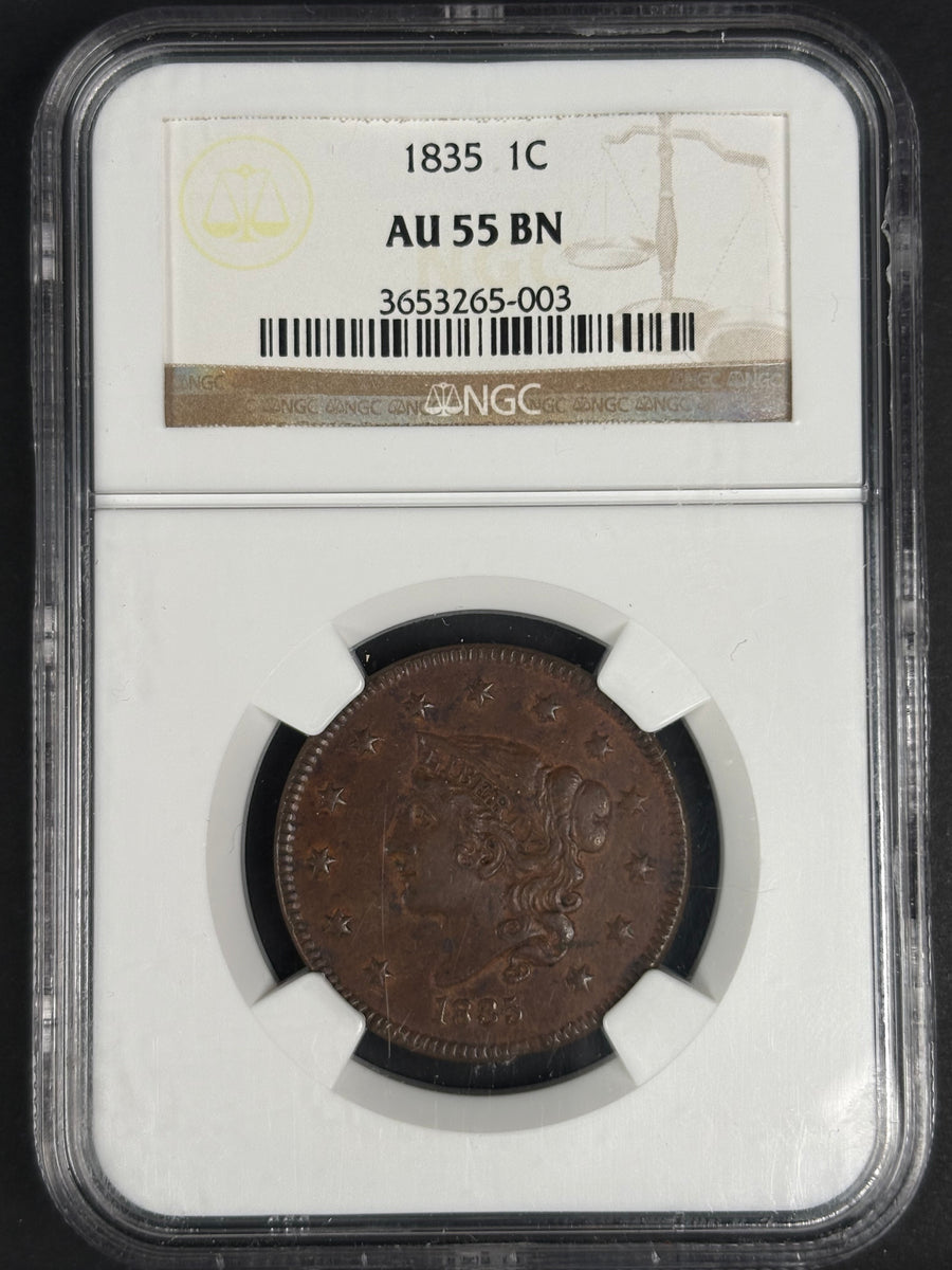 1835 Coronet Head large cent, NGC AU-55