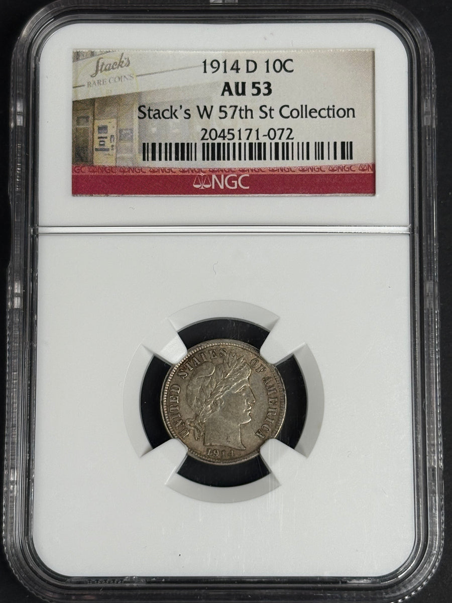 1914-D Barber silver dime, NGC AU-53