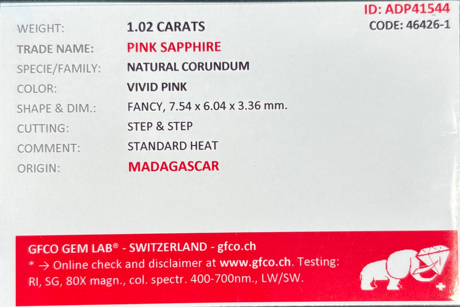 1.02ct Fancy Cut Heated Pink Madagascar Sapphire , VS, GFCO cert