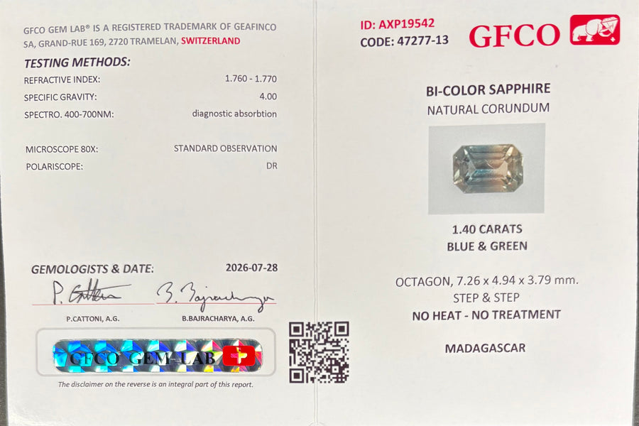 1.40ct Bicolor No Heat Sapphire, Emerald Cut, GFCO Certified · GEM-5728