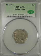 1913 Nickel Five Cent Pieces-Indian Head or Buffalo CACG AU 58 Type 2