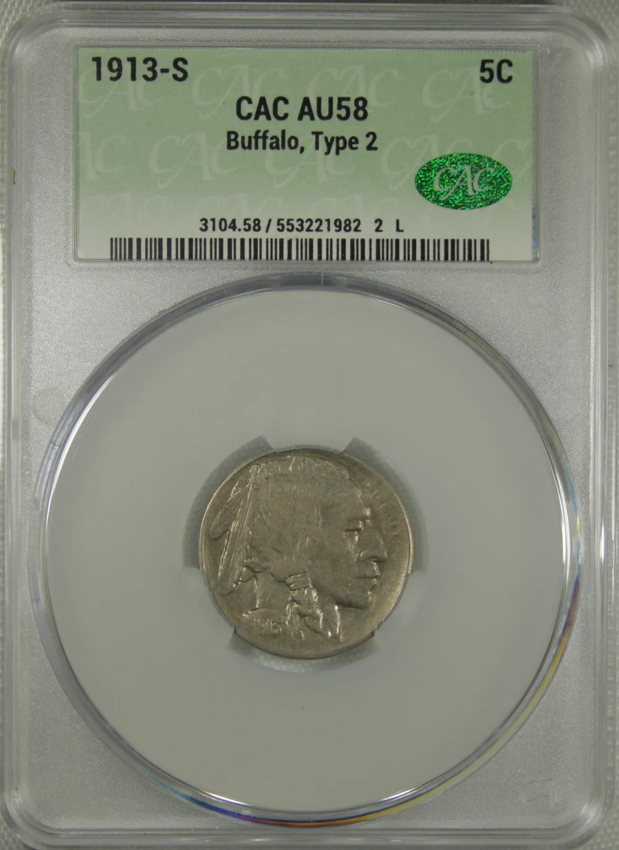 1913 Nickel Five Cent Pieces-Indian Head or Buffalo CACG AU 58 Type 2