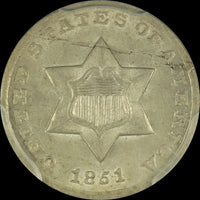 1851 Silver Three Cent Pieces Trimes Planchet Lamination Obverse Error PCGS MS62 · NUM-0010