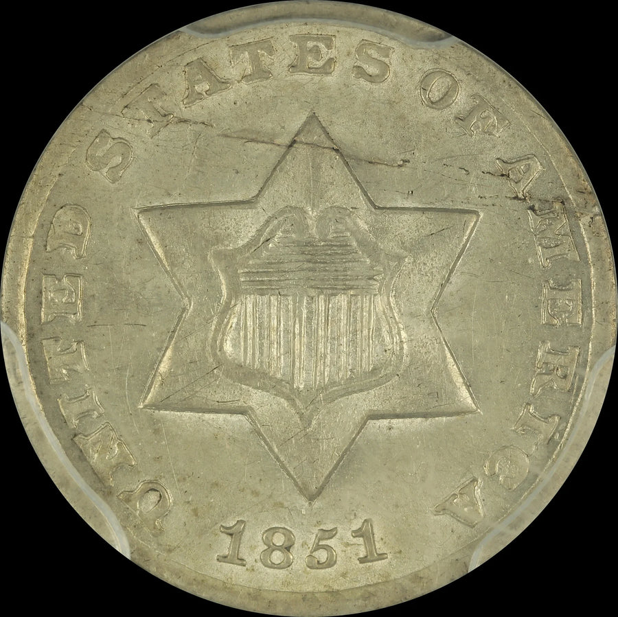 1851 Silver Three Cent Pieces Trimes PCGS MS-62 Planchet Lamination Obverse Error