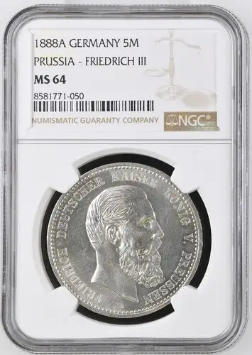 1888 German States Silver 5 Mark NGC MS-64 Prussia - Friedrich III