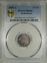 1850 Switzerland 1/2 Frank Seated Helvectia PCGS MS-66