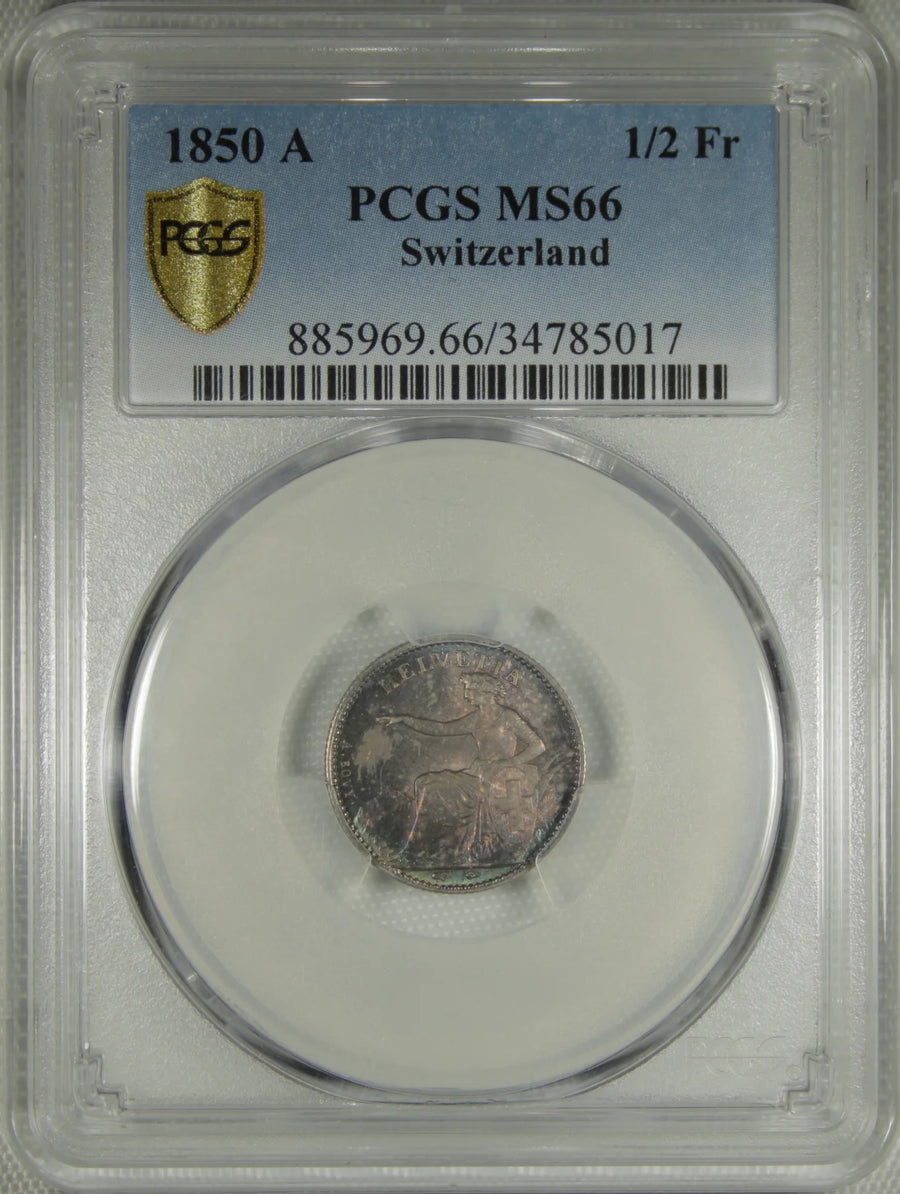 1850 Switzerland 1/2 Frank Seated Helvectia PCGS MS-66