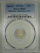 1851 Silver Three Cent Pieces Trimes PCGS MS-62 Planchet Lamination Obverse Error