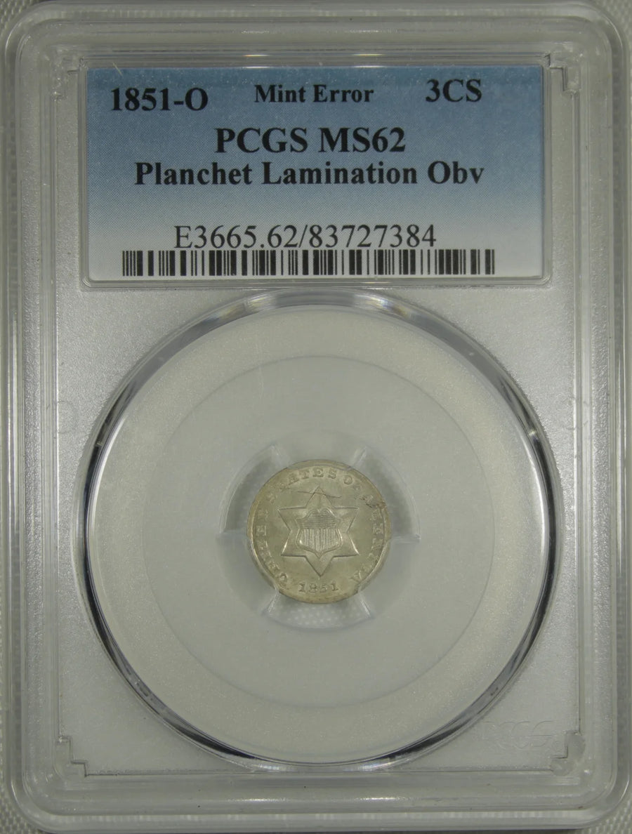 1851 Silver Three Cent Pieces Trimes PCGS MS-62 Planchet Lamination Obverse Error