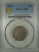 1859 Liberty Seated Quarter Dollar PCGS VF-30