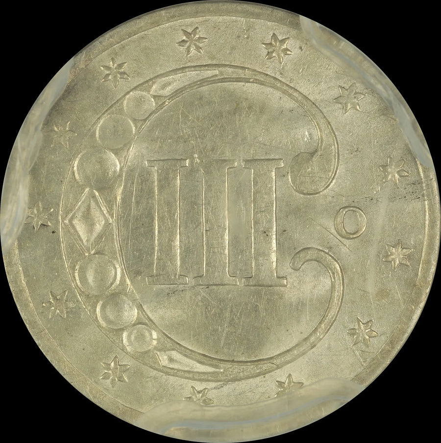 1851 Silver Three Cent Pieces Trimes PCGS MS-62 Planchet Lamination Obverse Error